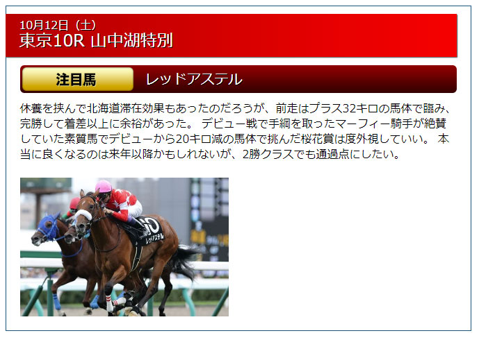 匠の万馬券、無料情報、激鉄板注目馬、10月12日（土）東京10R山中湖特別、レッドアステル