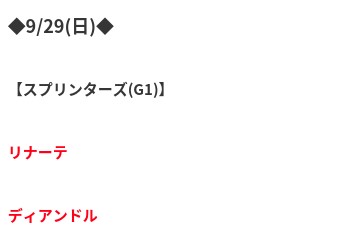 競馬大陸、無料情報、重賞攻略ガイド（ドル彦）、9月29日中山11Rスプリンターズステークス注目馬：リナーテ、ディアンドル