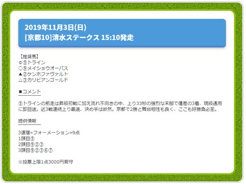 ターフビジョン無料情報※11月1日7時更新、週末作戦研究室(日曜日)、2019年11月3日(日)京都10R清水ステークス