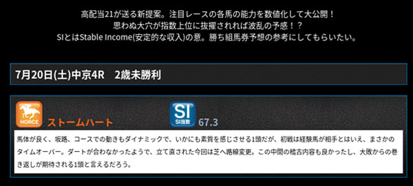 高配当21のSI指数無料情報190720中京4R2歳未勝利ストームハート画像